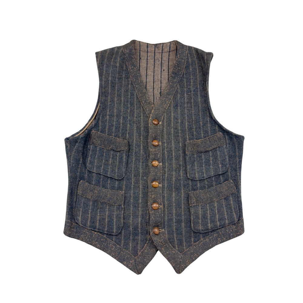 Rare Vtg 1930s Wool Knit Workwear Vest XS Pinstripe Tagua Nut Buttons Amekaji